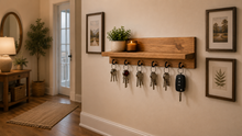 Load image into Gallery viewer, Handmade Wooden Key Rack Shelf – Antique Pine Finish with Hooks
