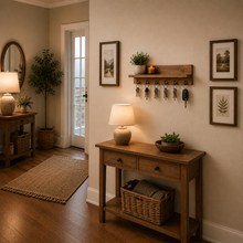 Load image into Gallery viewer, Handmade Wooden Key Rack Shelf – Antique Pine Finish with Hooks
