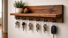 Load image into Gallery viewer, Handmade Wooden Key Rack Shelf – Walnut Finish with Hooks
