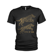 Load image into Gallery viewer, Ancient Gold Odin's Wolves Geri &amp; Freki Vikings T-Shirt
